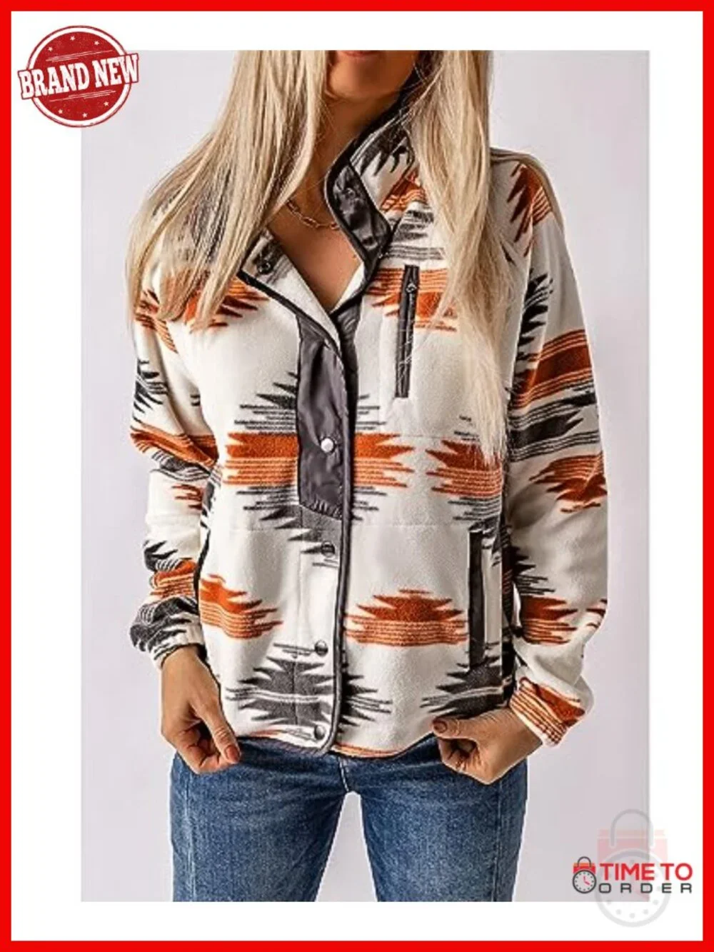 Women's Western Aztec Print Fleece Shacket Snap Button Jacket with Pockets